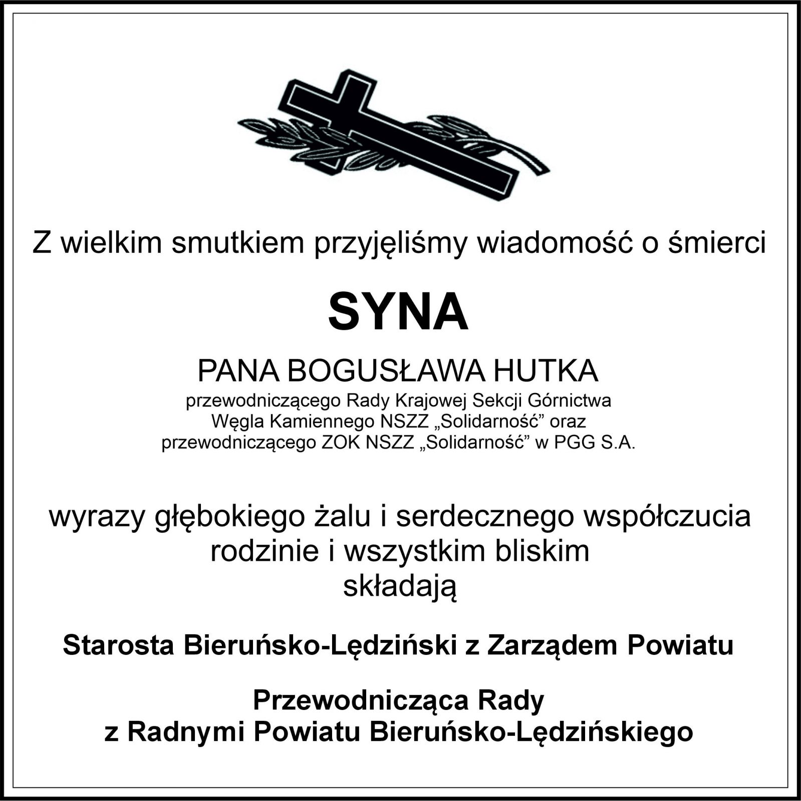Czerny krzyż z gałązką palmową oraz treść kondolencji